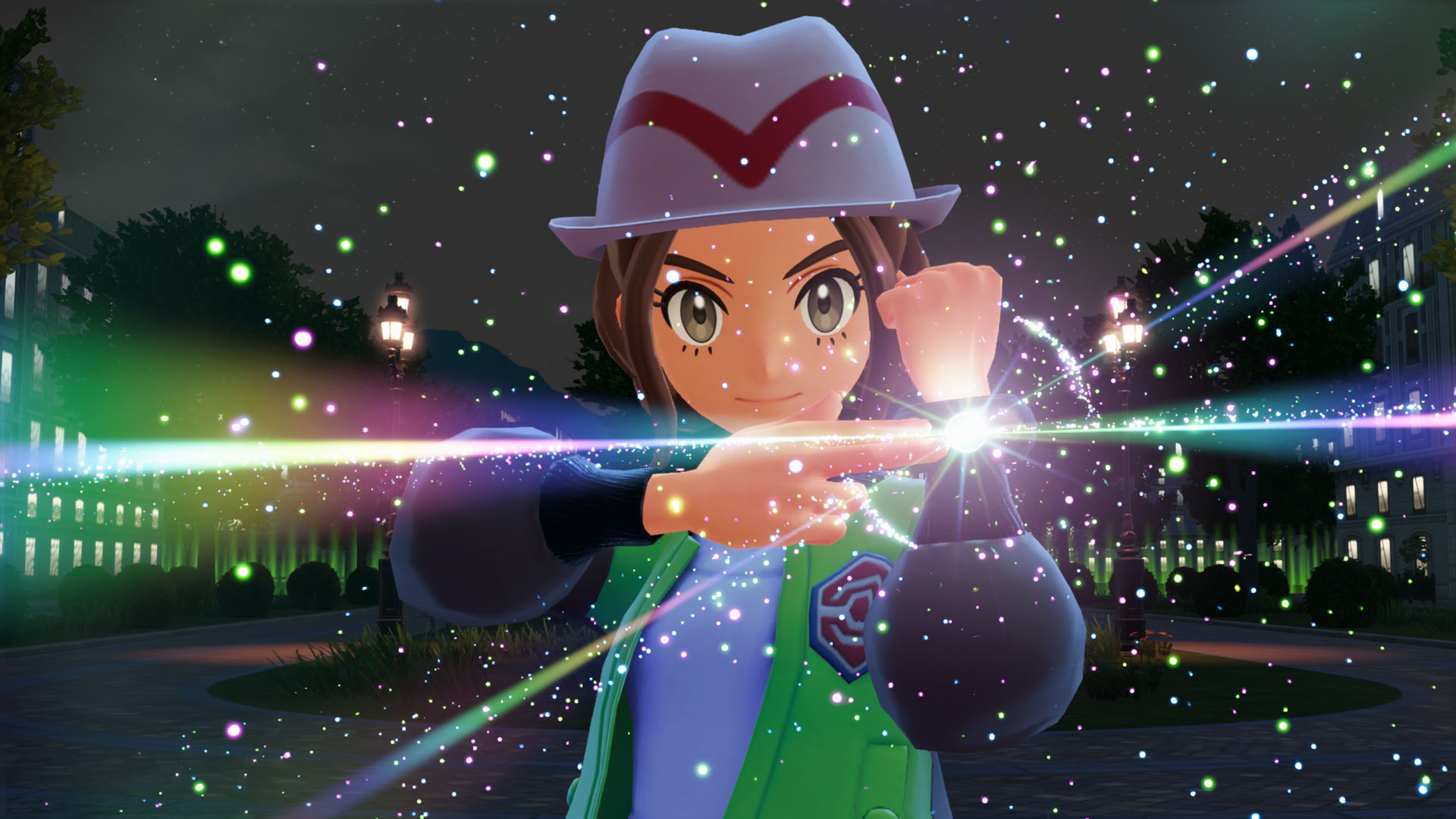 Una persona con un cappello sta indicando. Raggi di luce colorati e scintille circondano la persona. Edifici e alberi sullo sfondo.