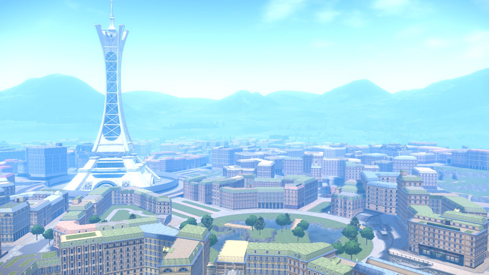 Paysage urbain avec une grande tour et des bâtiments. Montagnes en arrière-plan, sous un ciel clair.