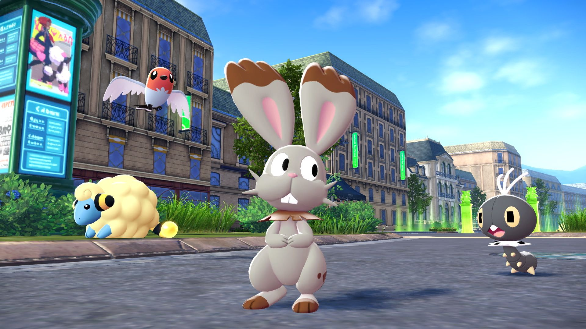 Un lapin, un mouton et une créature noire ressemblant à un insecte se tiennent dans la rue.