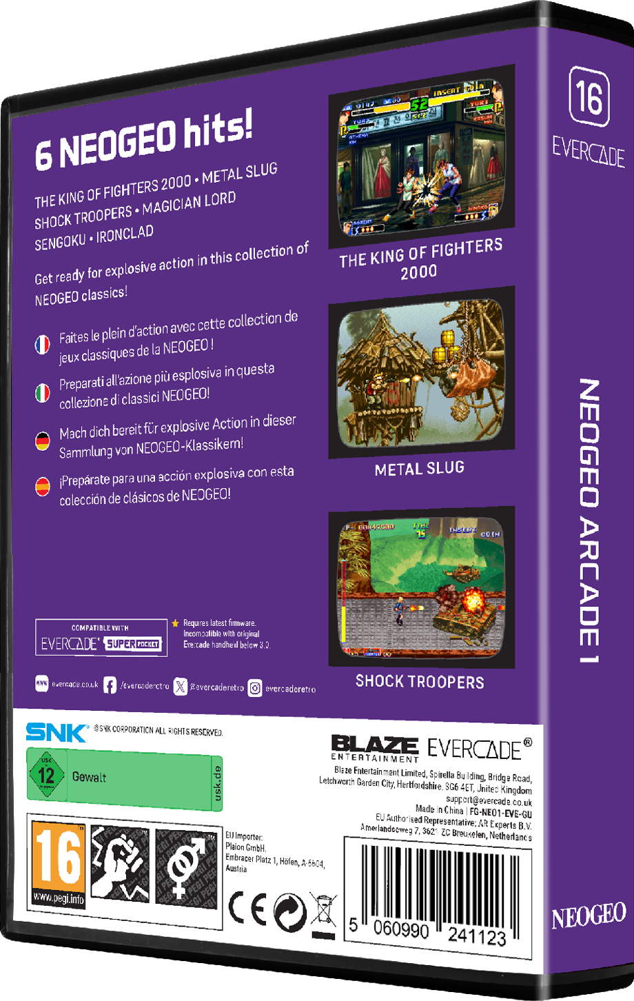 Die Rückseite der Evercade Neo Geo Arcade 1 Spielbox. Die Box zeigt Spiel-Screenshots und die verfügbaren Spiele.