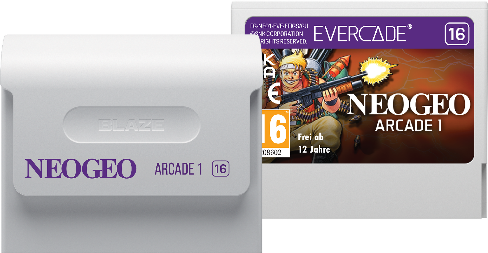Eine Evercade Neo Geo Arcade 1 Spielkassette. Auf der Kassette sind Neo Geo Arcade 1 und 16 aufgedruckt.