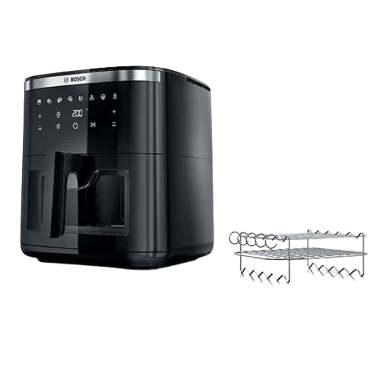 Une friteuse à air Bosch noire. La friteuse à air est à côté d'une grille métallique.