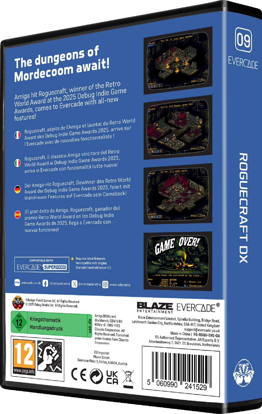 Rückseite der Spielbox. Text und Screenshots vom Gameplay werden angezeigt.