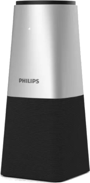 Głośnik Philips. Srebrna góra, czarna podstawa. Logo Philips. Białe światło na górze.