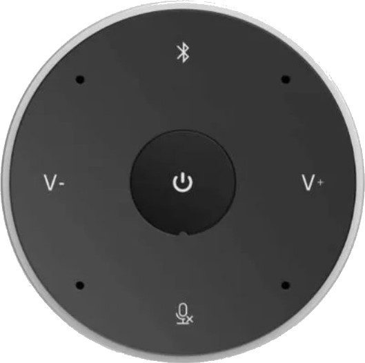 Widok z góry głośnika Philips. Przyciski: zasilanie, Bluetooth, głośność w górę/w dół, mikrofon.