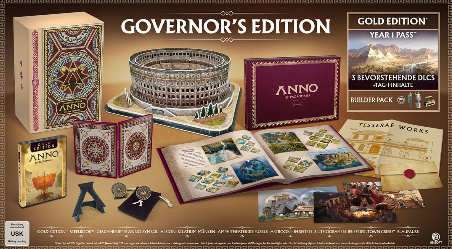 Anno 1800 Governor's Edition: Spielbox, Kolosseum-Modell, Artbook und Spielkomponenten.
