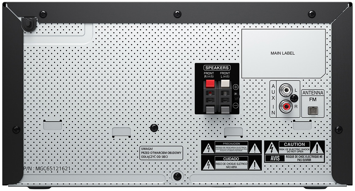 Fekete LG XBOOM audioegység hátulja, hangszóró csatlakozók, portok és címkék láthatók.
