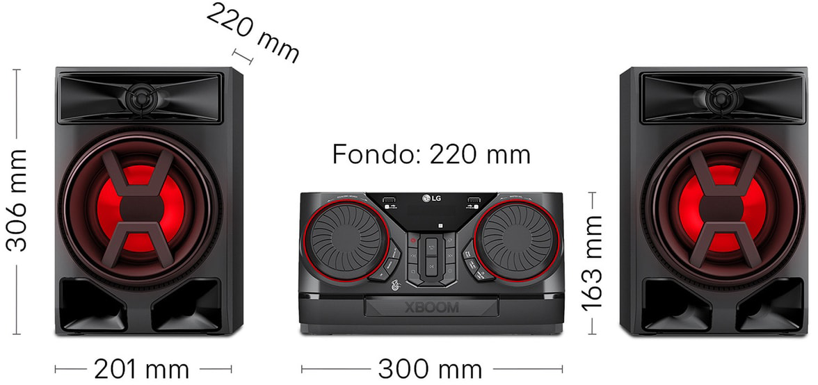 LG XBOOM audiorendszer méretei: 306 mm magasság, 201 mm széles hangszórók, 163 mm egységmagasság.