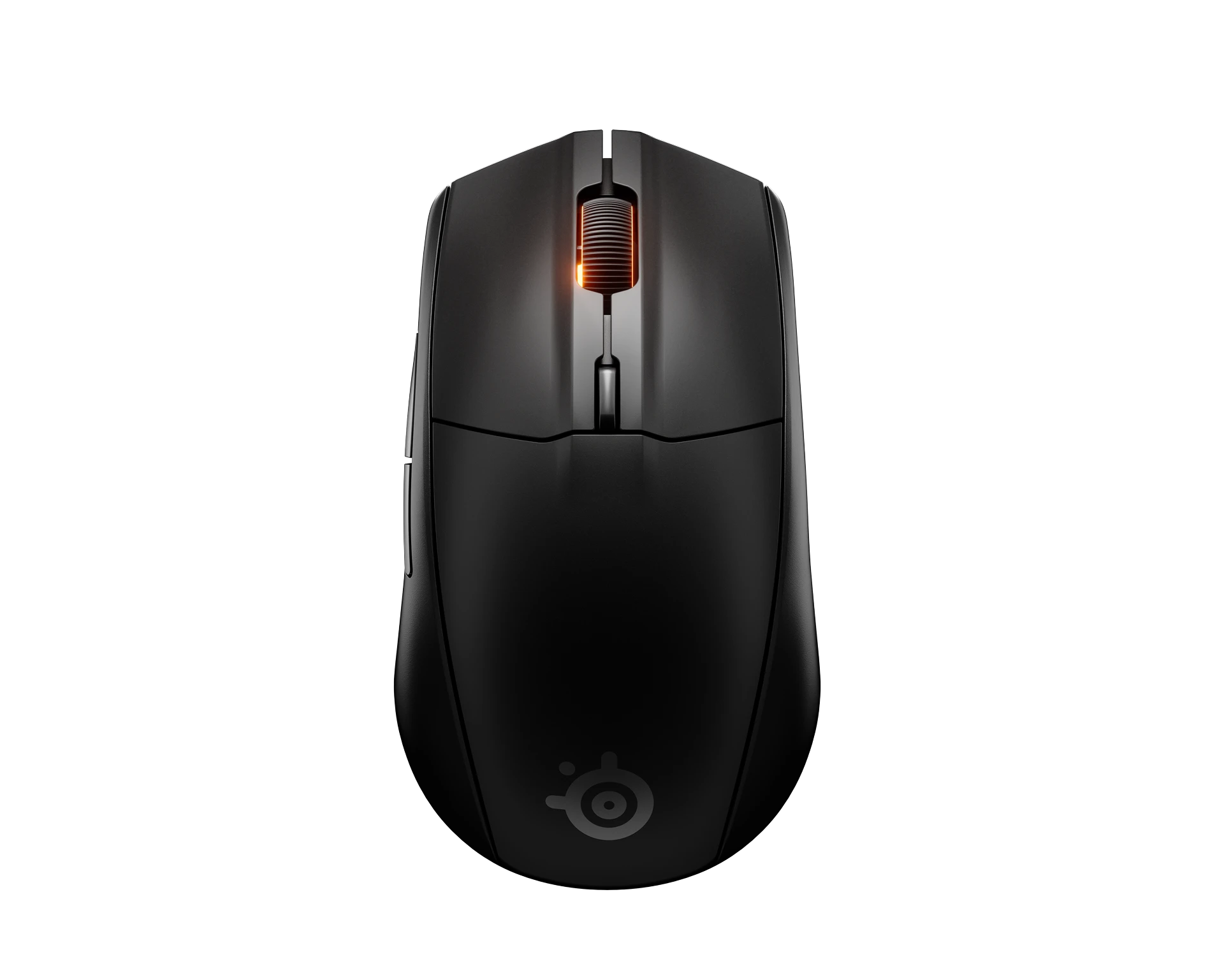 Ratón inalámbrico negro. Rueda de desplazamiento iluminada en naranja. Fondo negro. Logotipo de la marca.