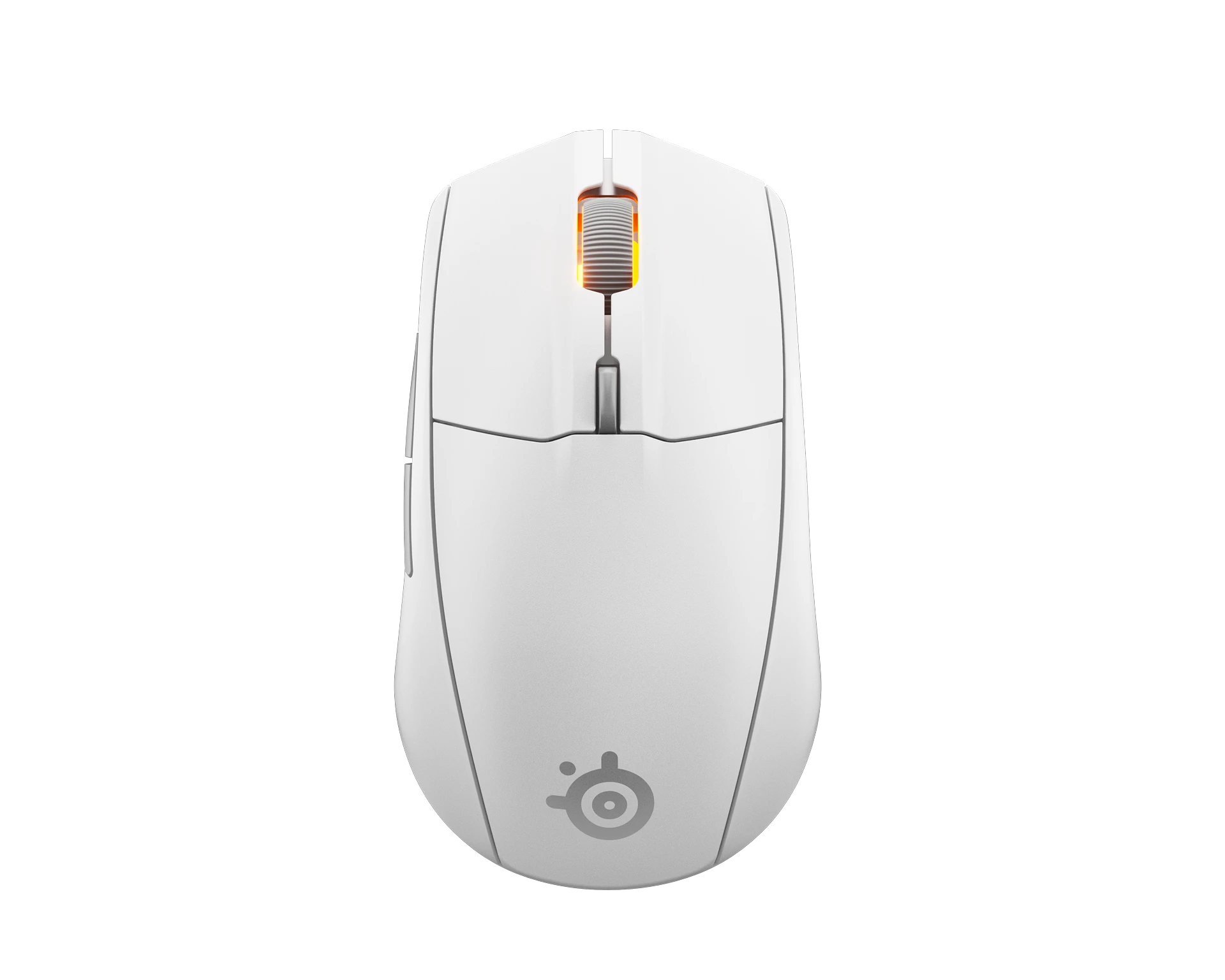 Ratón inalámbrico blanco. Rueda iluminada naranja. Fondo negro. Logotipo SteelSeries.