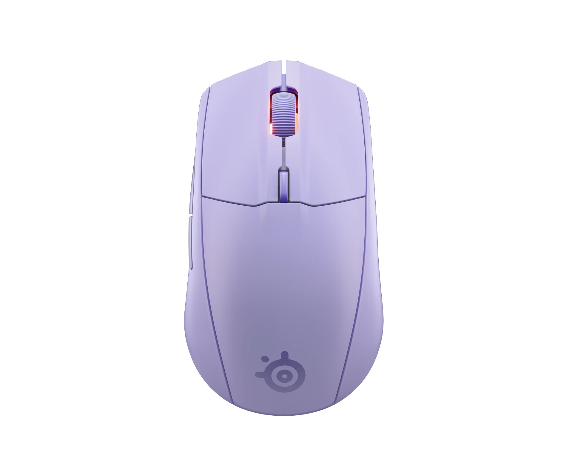 Ratón inalámbrico morado. Rueda naranja. Fondo negro. Logotipo de la marca en el ratón.