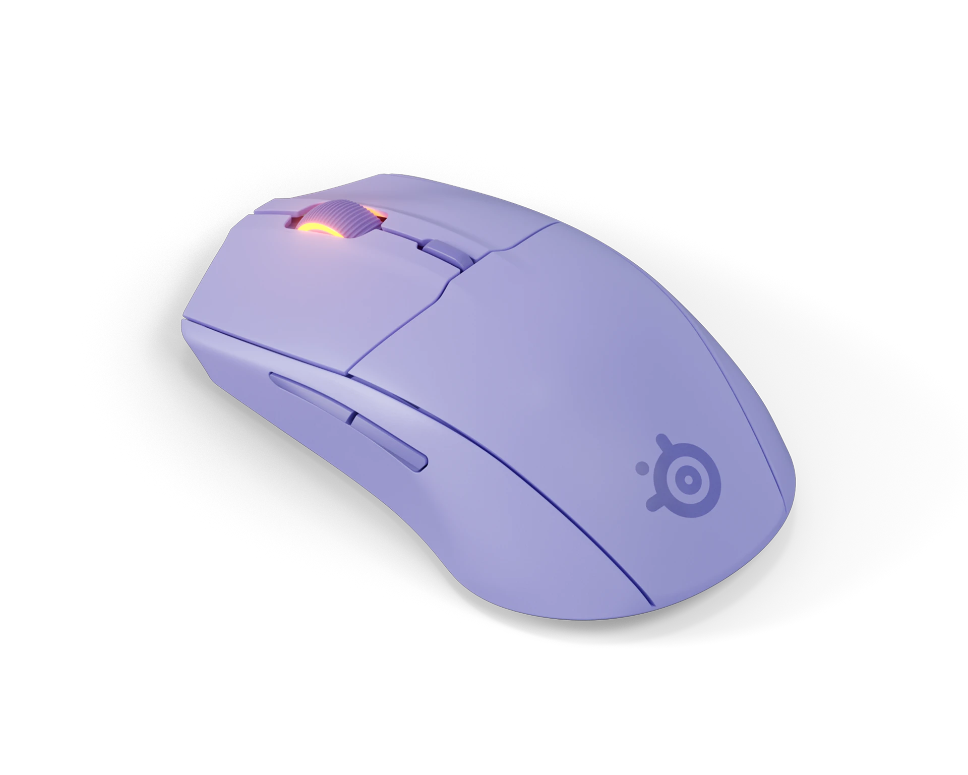 Ratón inalámbrico lila. Logotipo de Steelseries. Rueda de desplazamiento brillante. Fondo negro.