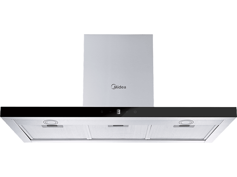 Campana decorativa - Midea MH90B4300B-ES, 4 Niveles de ventilador, 800 m³/h, 90 cm Ancho, T invertida, Iluminación LED, Acero y frontal cristal negro