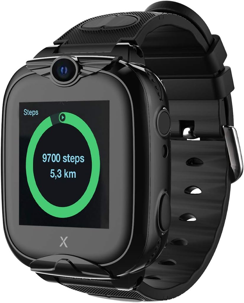 Smartwatch negra mostrando pasos. Pantalla muestra 9700 pasos y 5,3 km. Barra de progreso verde.