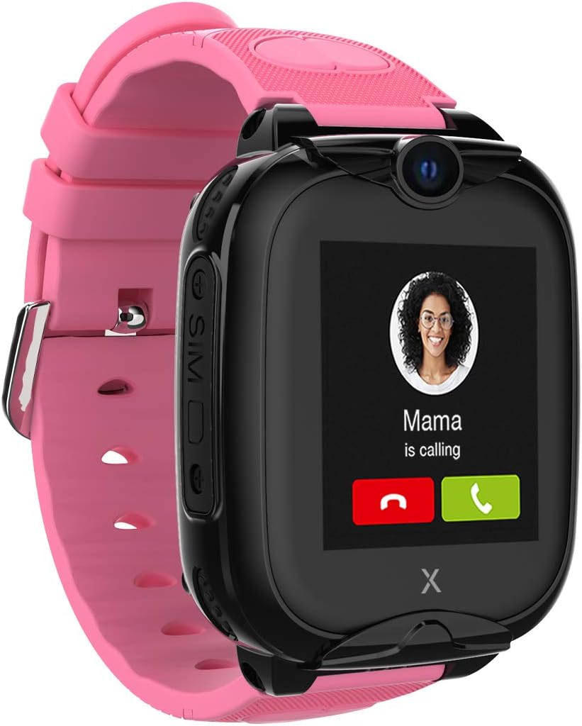 Reloj inteligente negro con correa rosa, mostrando llamada de "Mama". Botones rojo rechazar y verde aceptar.