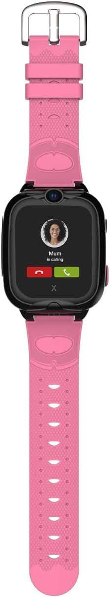 Reloj inteligente con correa rosa muestra una llamada de "Mum". Botones rojo de rechazo y verde de aceptar.