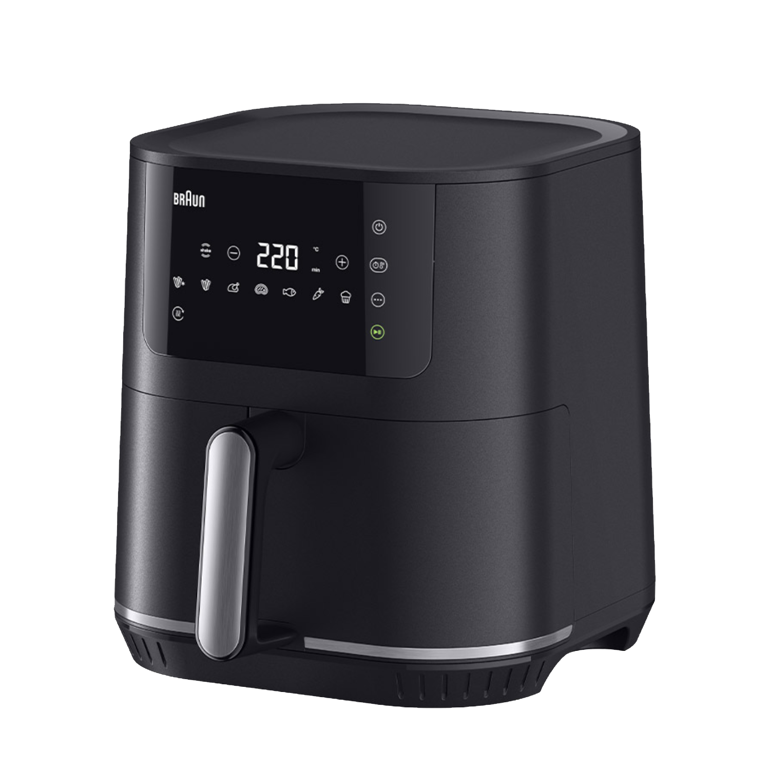 Freidora de aire Braun negra, diseño cuadrado, asa lateral, pantalla digital.