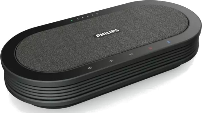 Czarny głośnik Philips. Owalny kształt, z szarą tkaniną. Widoczne przyciski i światła.