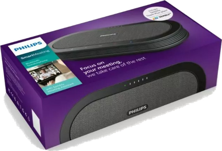 Pudełko głośnika Philips. Fioletowo-białe pudełko, z obrazem i tekstem głośnika.
