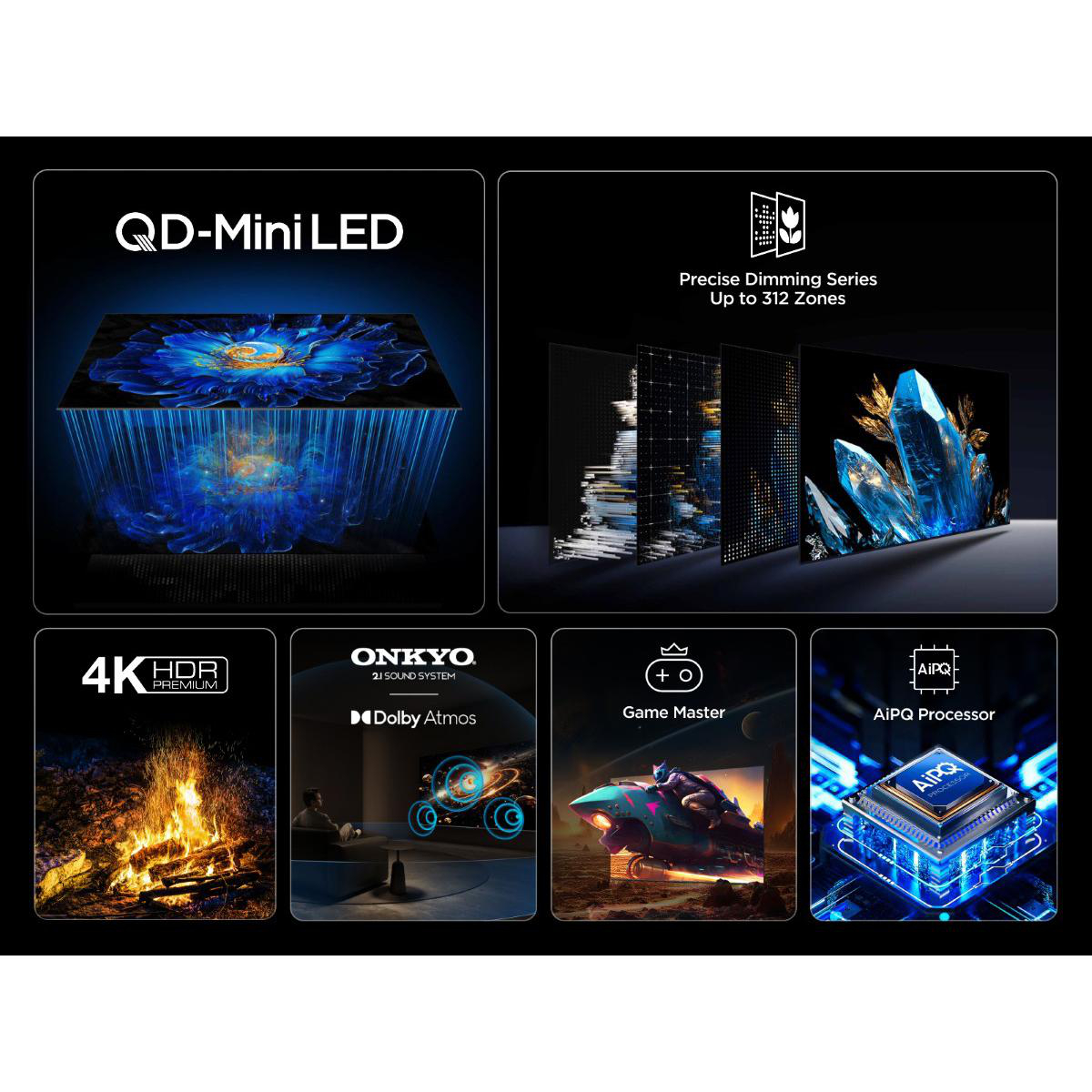 Mehrere Bilder mit TV-Funktionen: Mini-LED, HDR, Onkyo-Sound, Game Master und AIPQ.