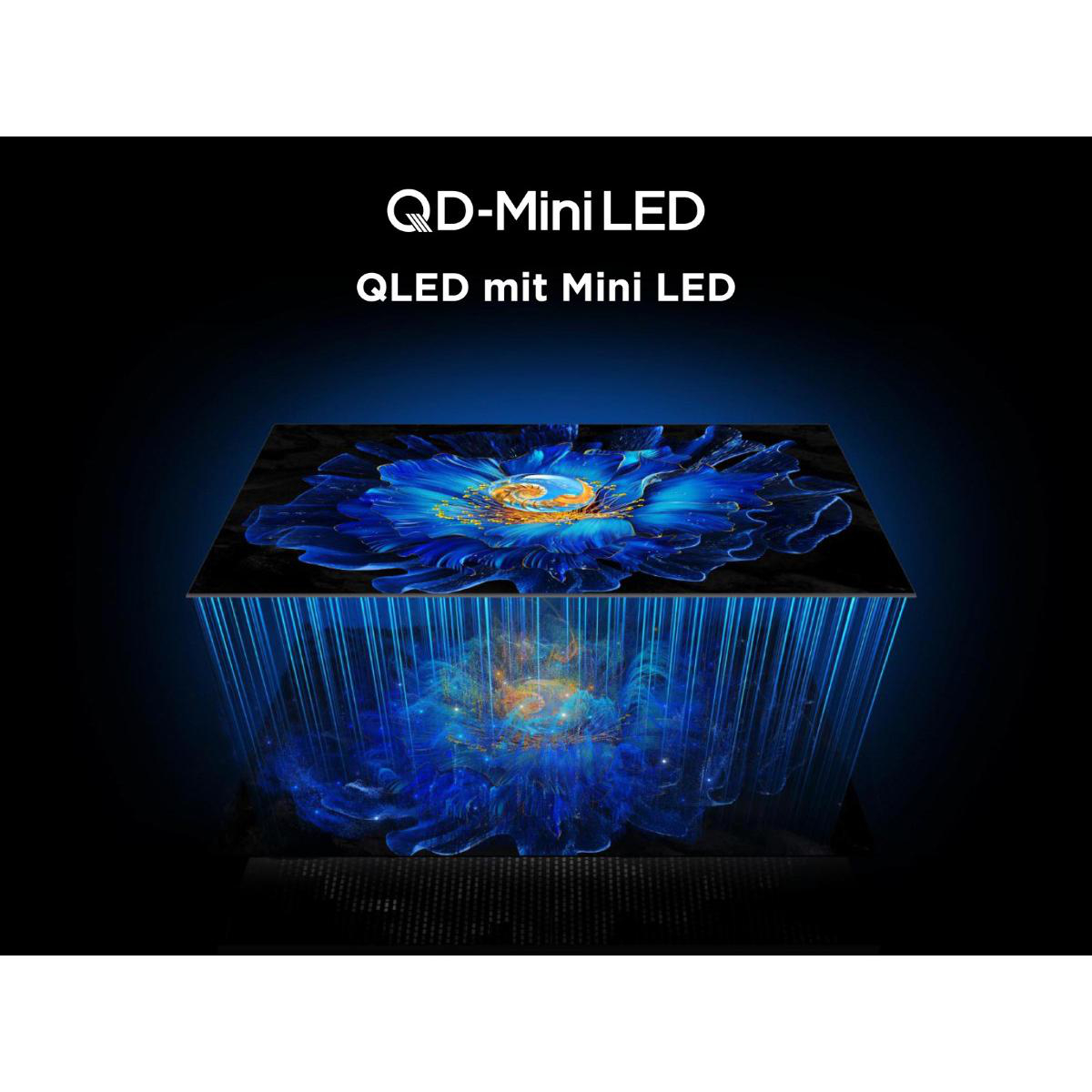 Bildschirm eines Fernsehers mit blauem Blumendesign, das die QD-Mini-LED-Technologie hervorhebt.