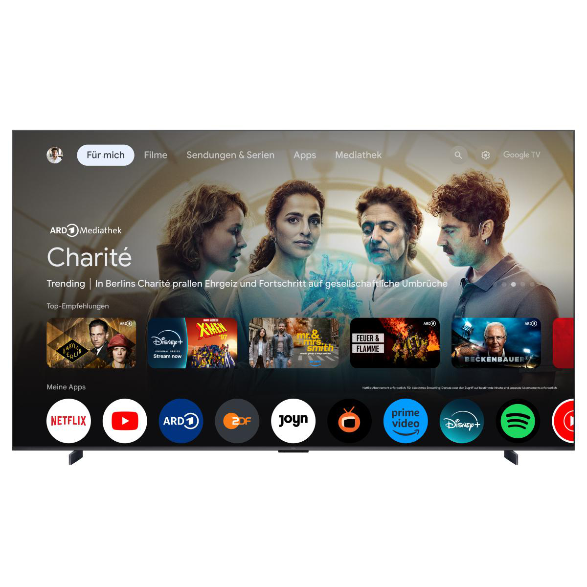 TV-Bildschirm mit Google TV-Oberfläche, mit Programm-Vorschauen.