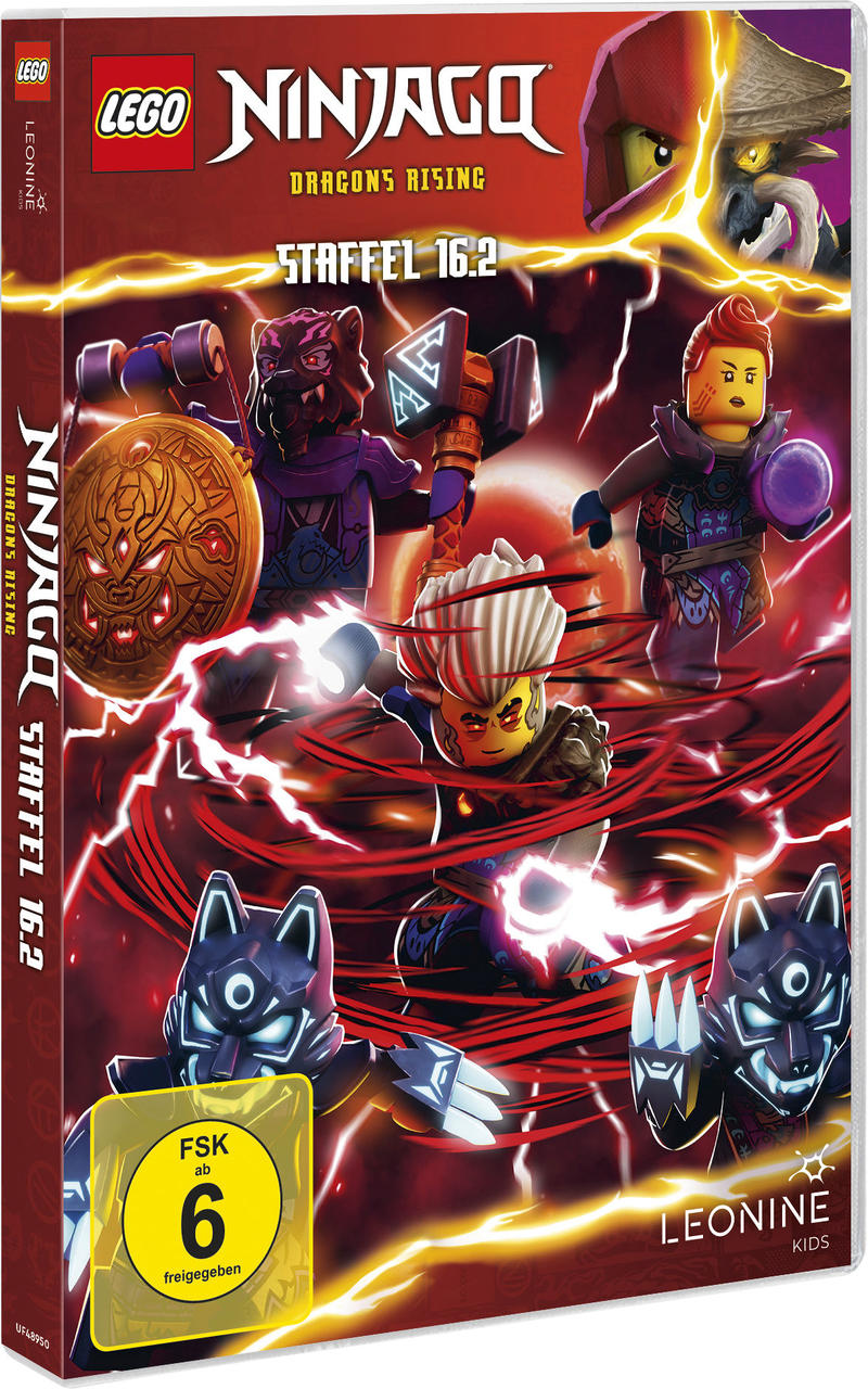 LEGO Ninjago DVD-Cover mit Charakteren, umgeben von roter Energie, und einem Drachen.