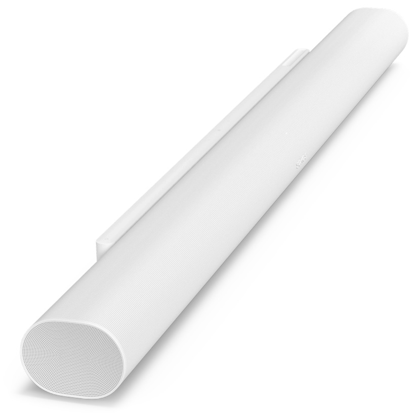 Biały soundbar, pod kątem, z białym wspornikiem, na białym tle.