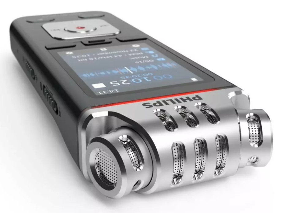 Cyfrowy rejestrator głosu Philips. Ma czarny korpus, srebrne akcenty i ekran wyświetlający informacje o nagrywaniu.