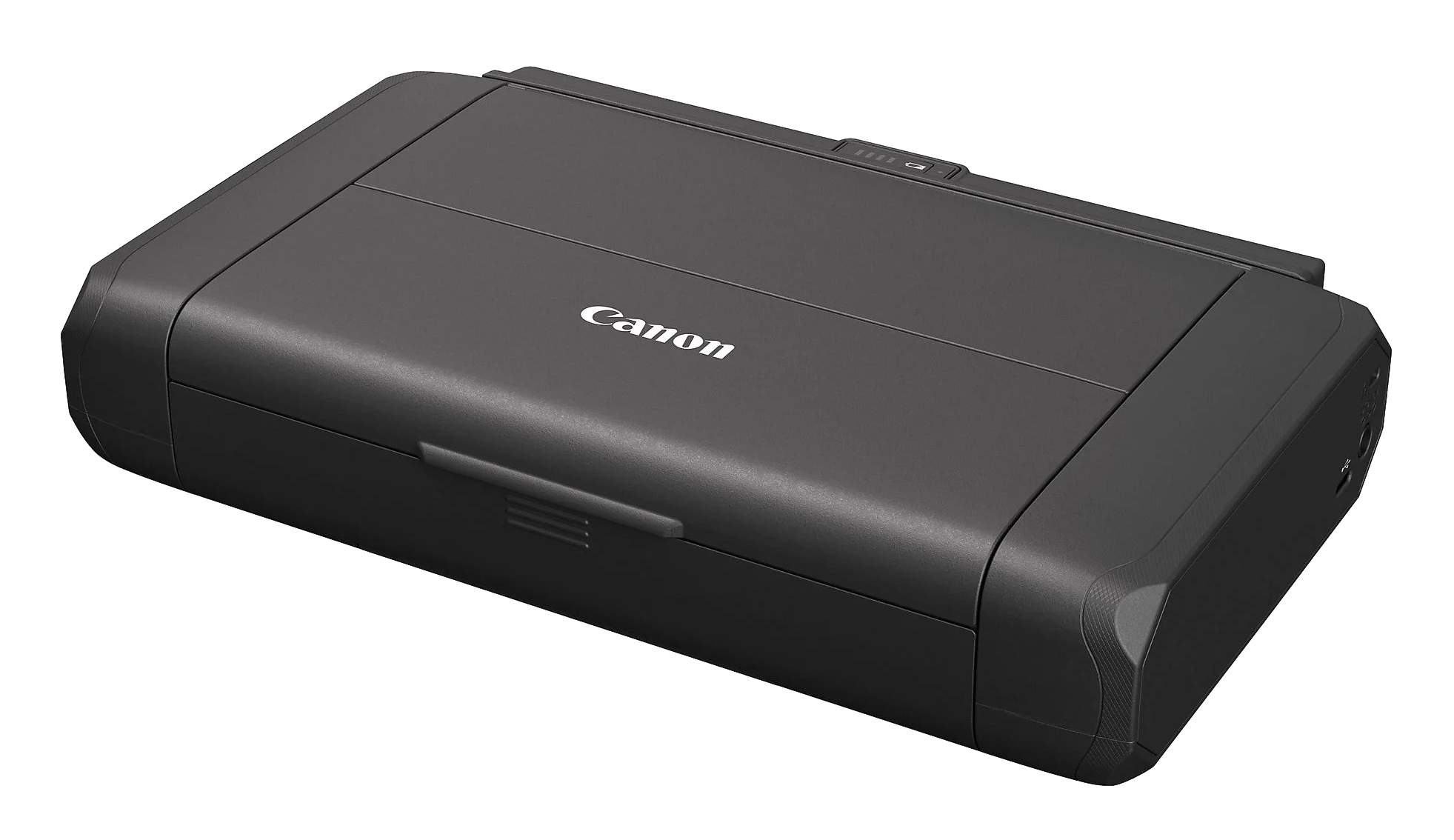 Czarna drukarka Canon z perspektywy kątowej. Logo Canon widoczne.