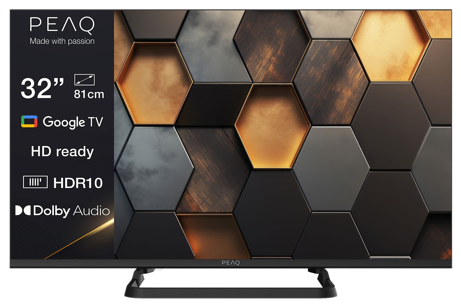 Telewizor PEAQ 32" z Google TV, HD ready, HDR10 i Dolby Audio. Ma tło w kształcie plastra miodu w kolorach czarnym, złotym i szarym.