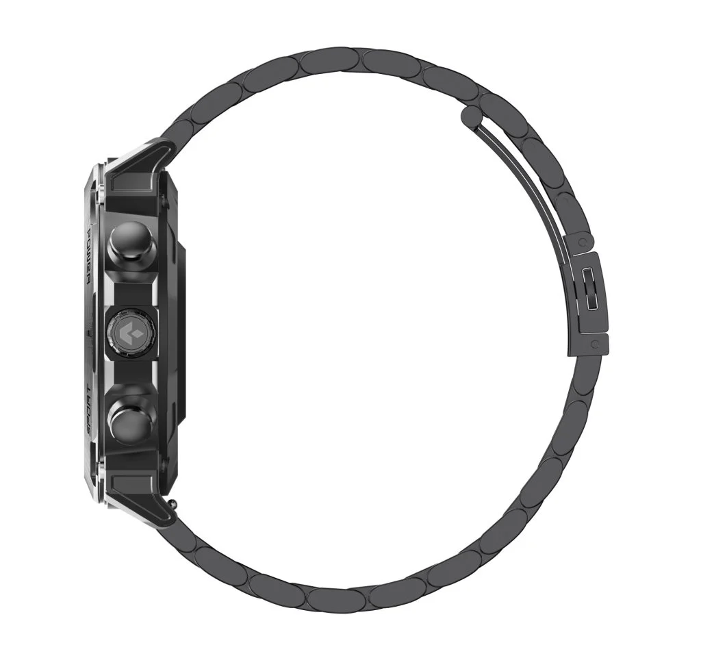 Widok z boku czarnego smartwatcha z metalowym paskiem, pokazujący przyciski i krzywiznę paska.