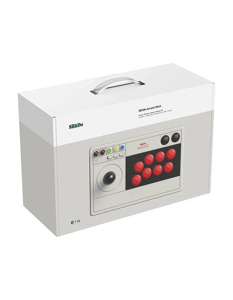 Biały joystick arcade w opakowaniu, widoczny przez przezroczyste okno.