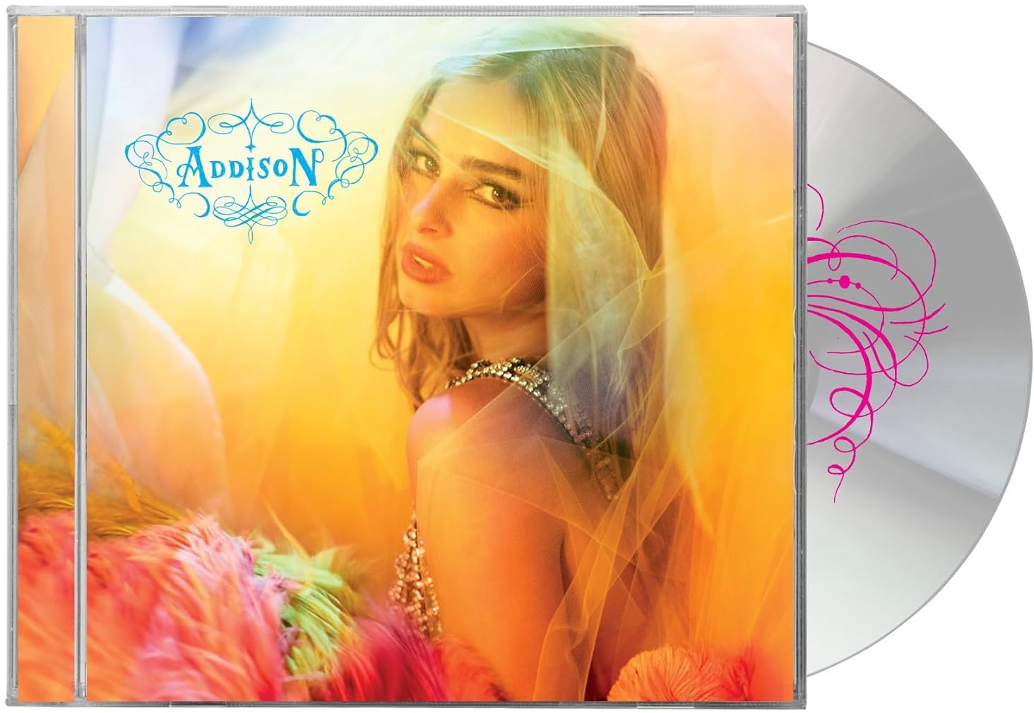 Album borító egy nővel, élénk színekkel és CD-vel. A szöveg 'Addison'.