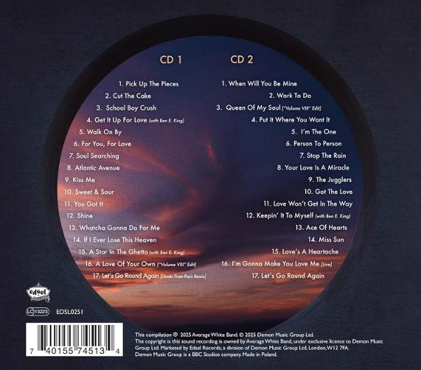 CD-Hülle mit der Titelliste von Average White Band, mit Sonnenuntergang im Hintergrund. CD1- und CD2-Titellisten sichtbar.
