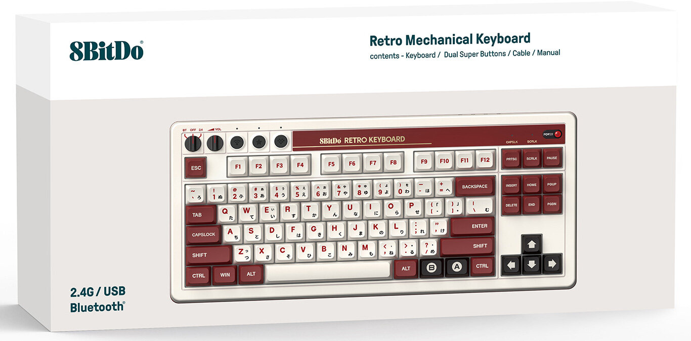Klawiatura mechaniczna retro w pudełku. Biała klawiatura, czerwone klawisze, biała obudowa, czarne klawisze, białe pudełko.