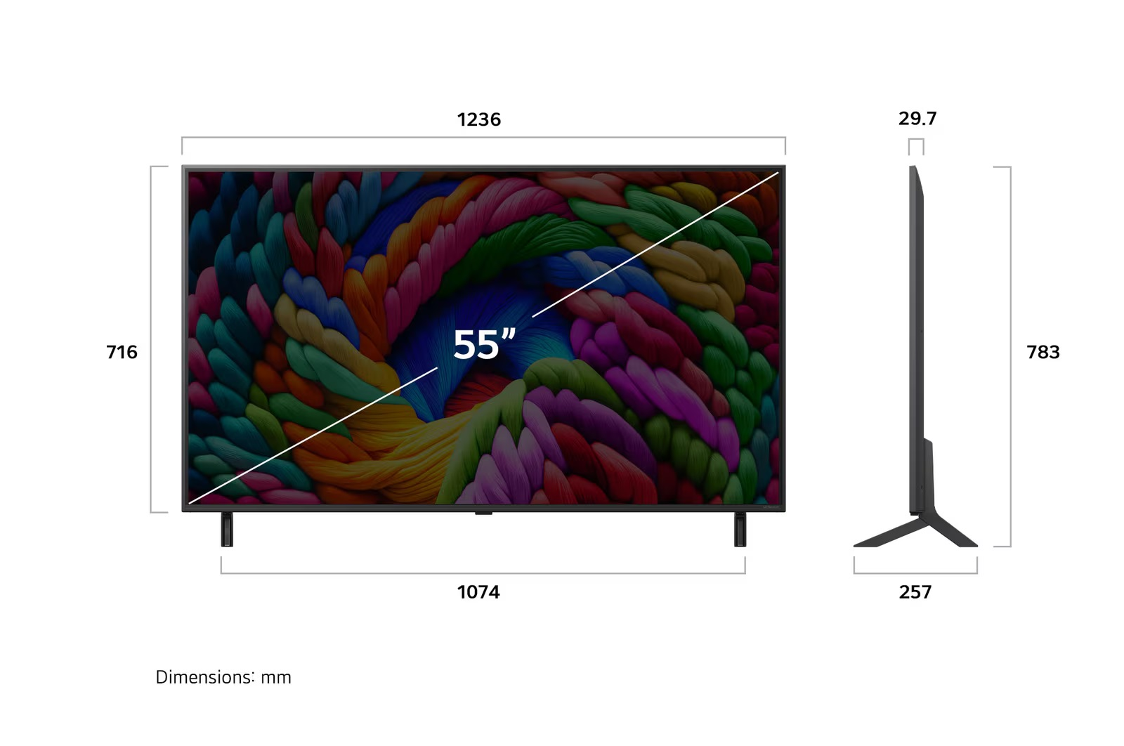 Boyutları ve renkli ekranı olan 55 inçlik bir TV. TV siyah renktedir.