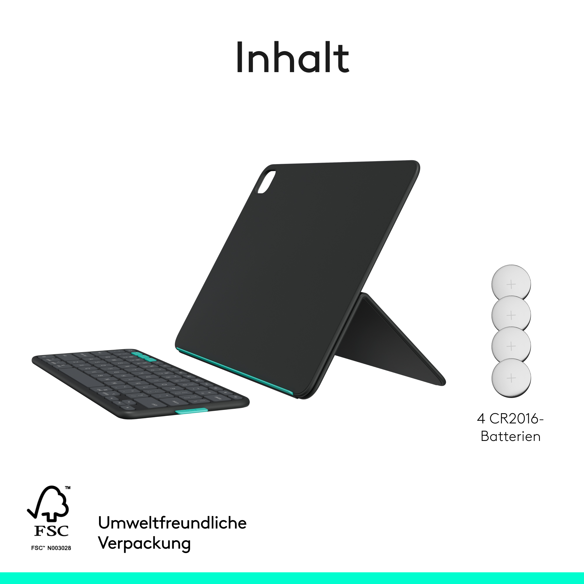 Tablet, Tastatur und Batterien auf weißem Hintergrund.