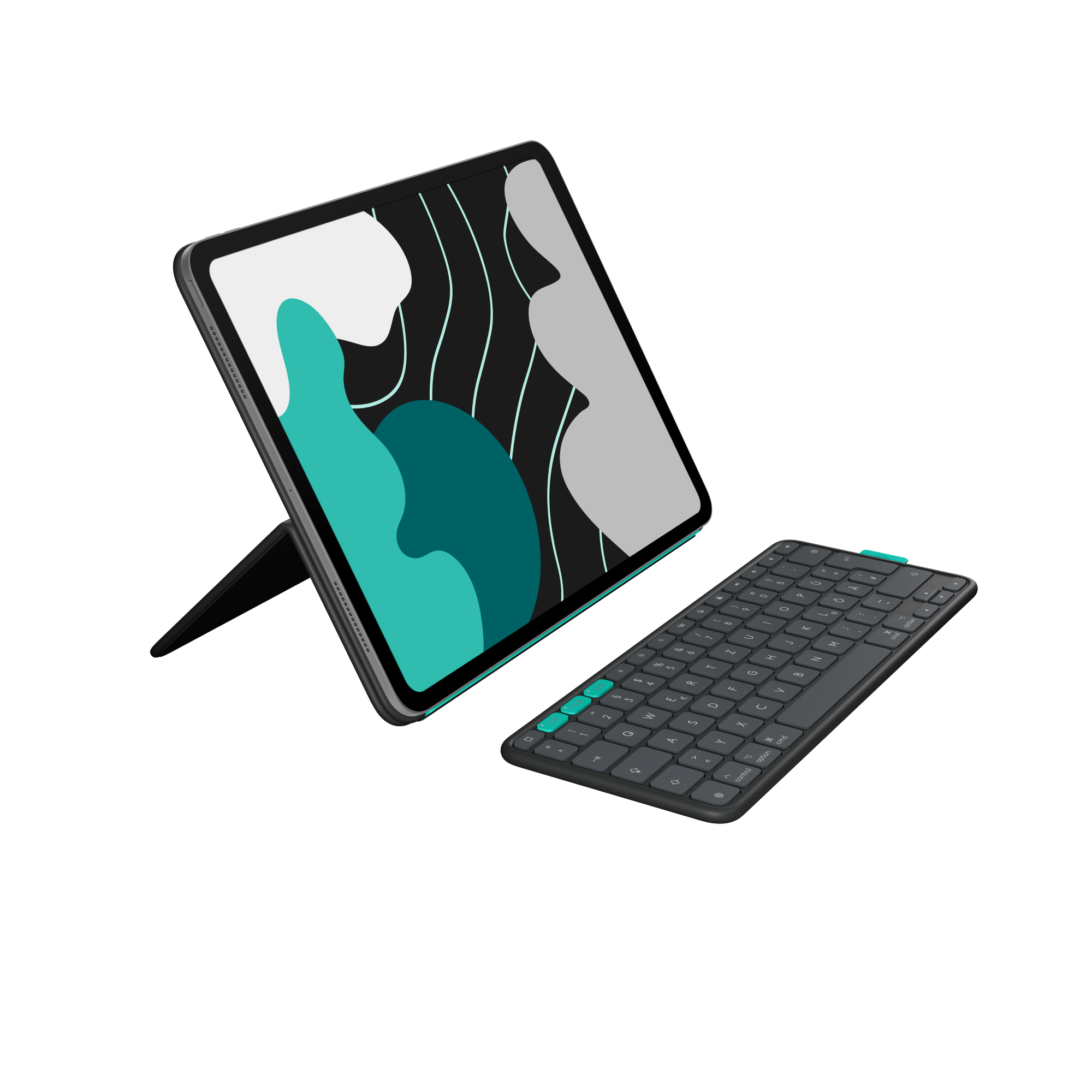 Tablet und Tastatur auf weißem Hintergrund mit türkisfarbenen Akzenten.