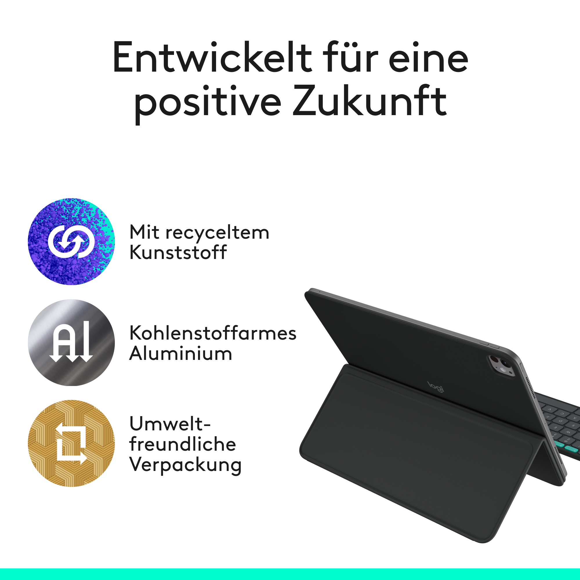 Tablet und Tastatur mit Text, der recycelten Kunststoff, Aluminium und umweltfreundliche Verpackung beschreibt.
