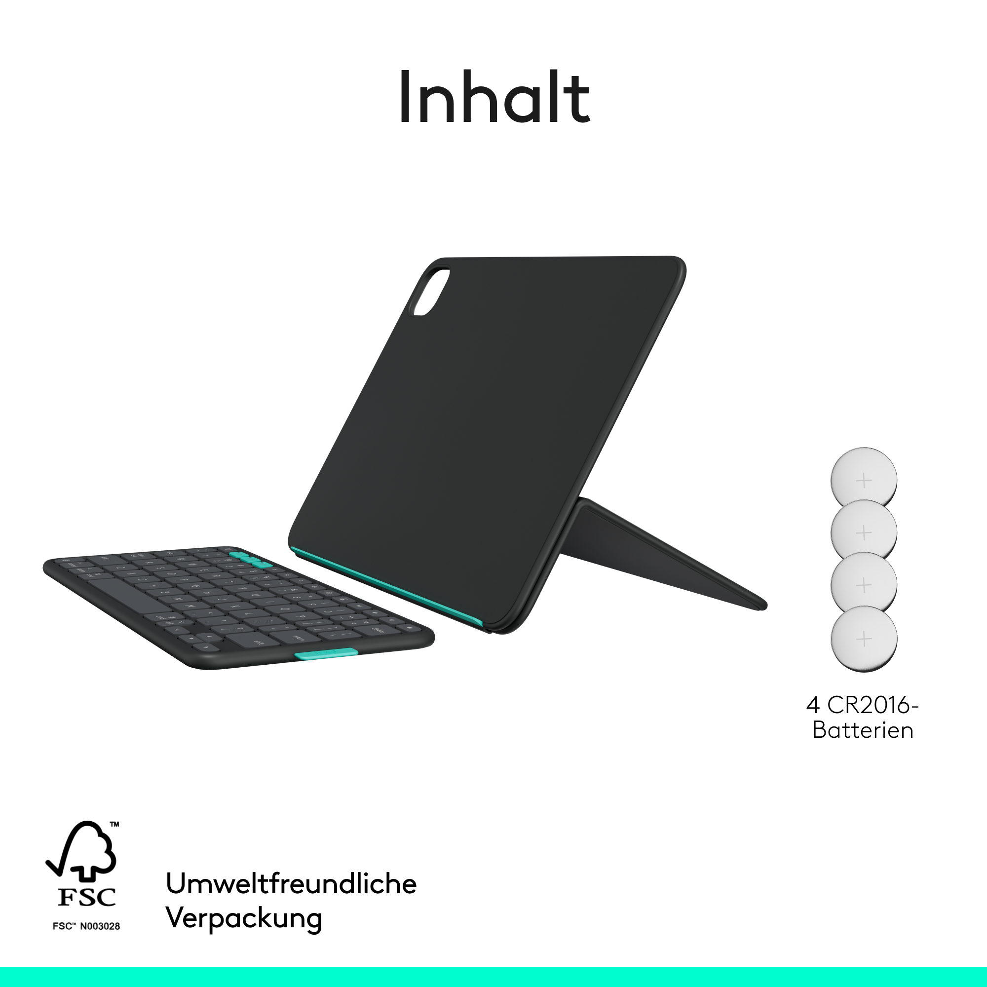 Schwarzes Tablet mit Tastatur und Ständer, mit 4 CR2016 Batterien.