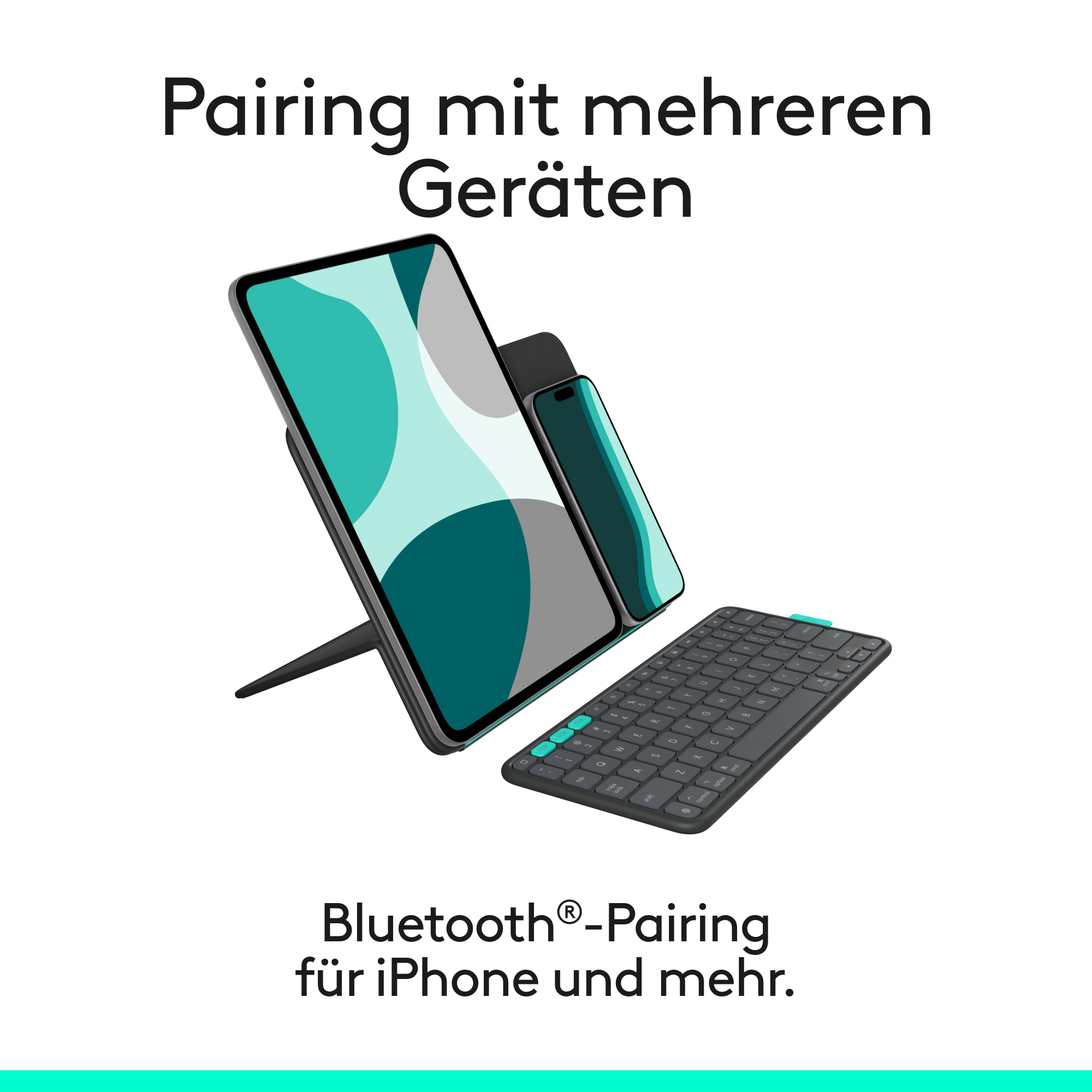 Tablet und Telefon mit einer Tastatur gekoppelt. Alle Geräte sind schwarz.