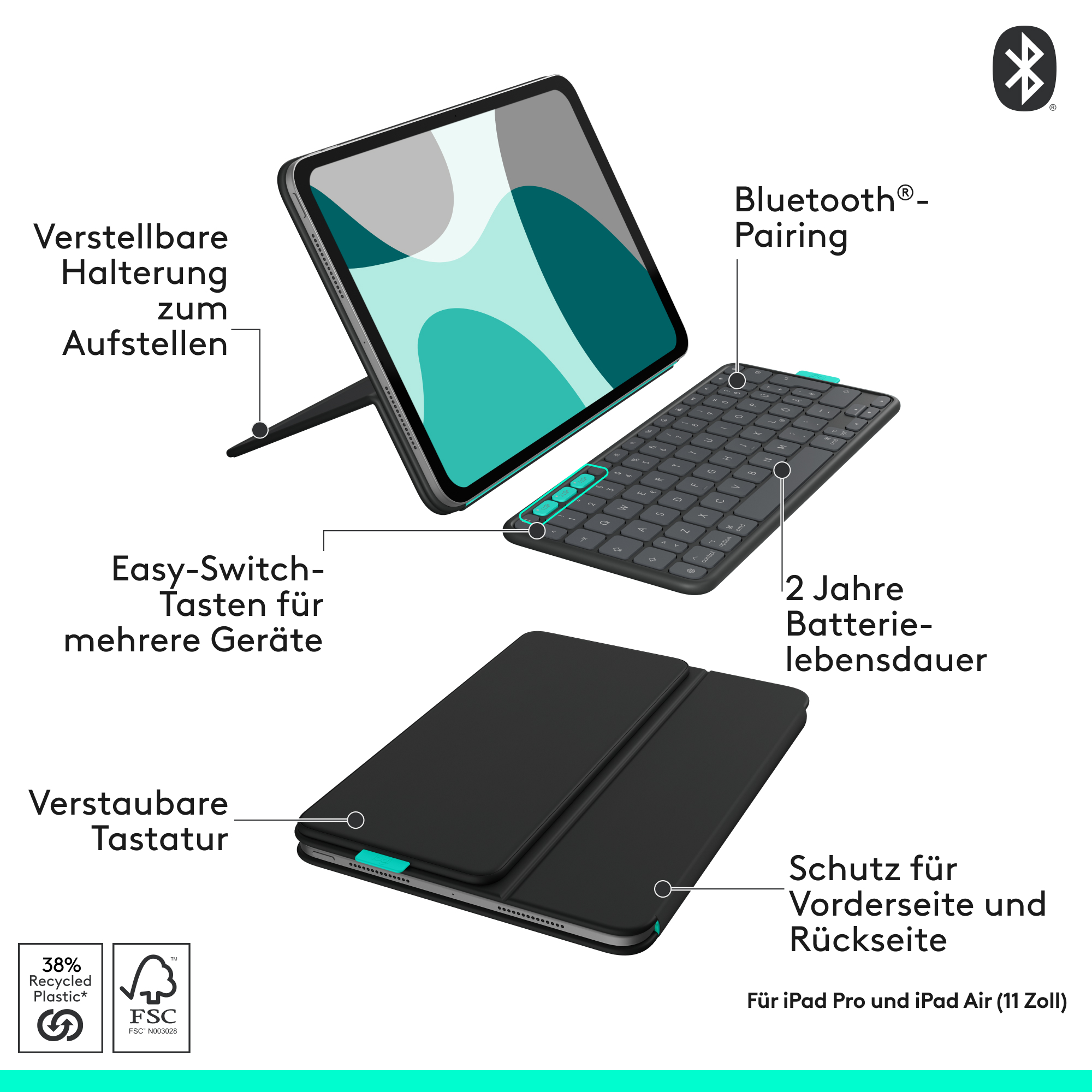 Tablet mit Tastatur und Ständer. Zeigt Funktionen wie Easy-Switch-Tasten.