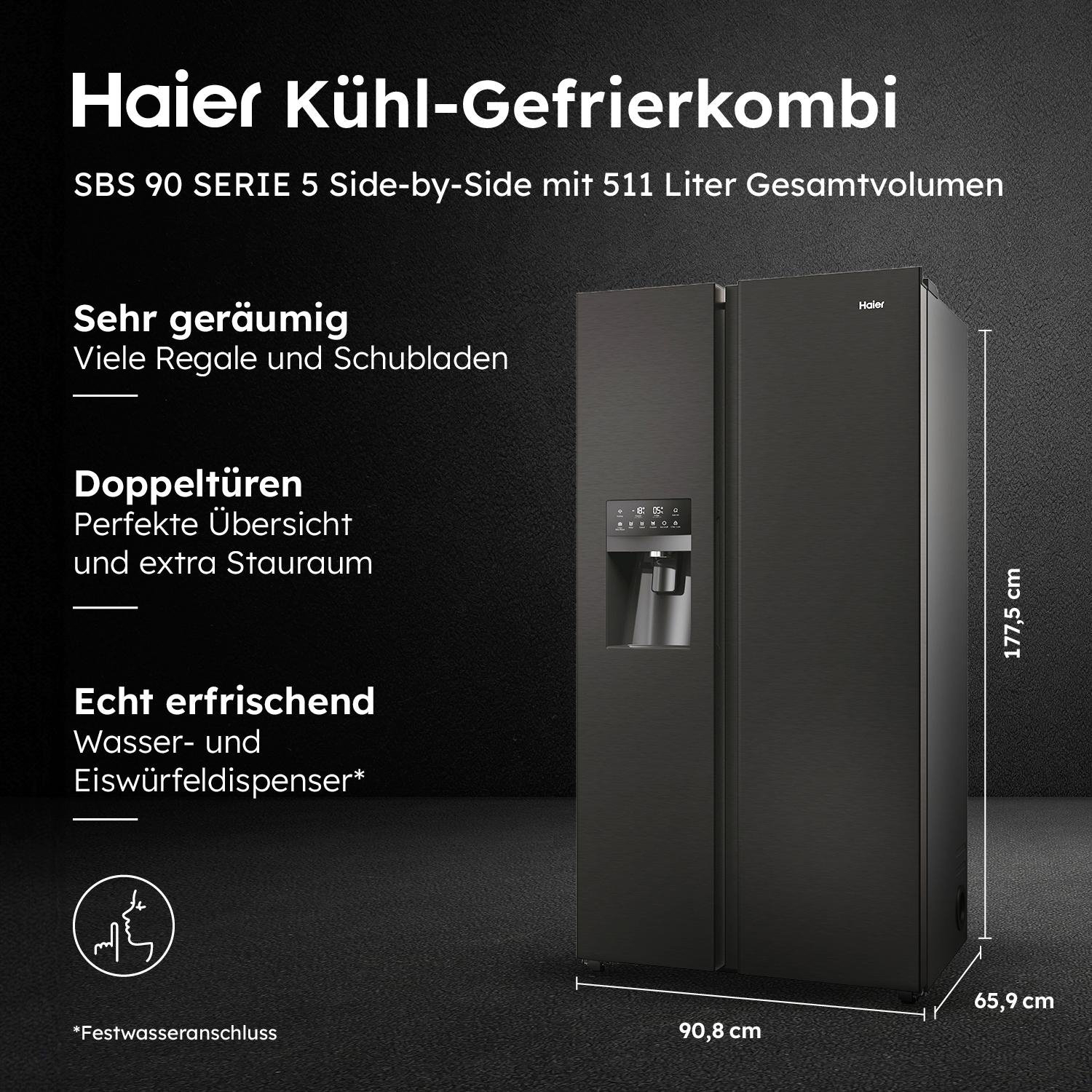 Schwarzer Haier-Kühlschrank mit Textbeschreibungen. Maße sind 177,5 cm x 65,9 cm x 90,8 cm. Hat einen Wasserspender.