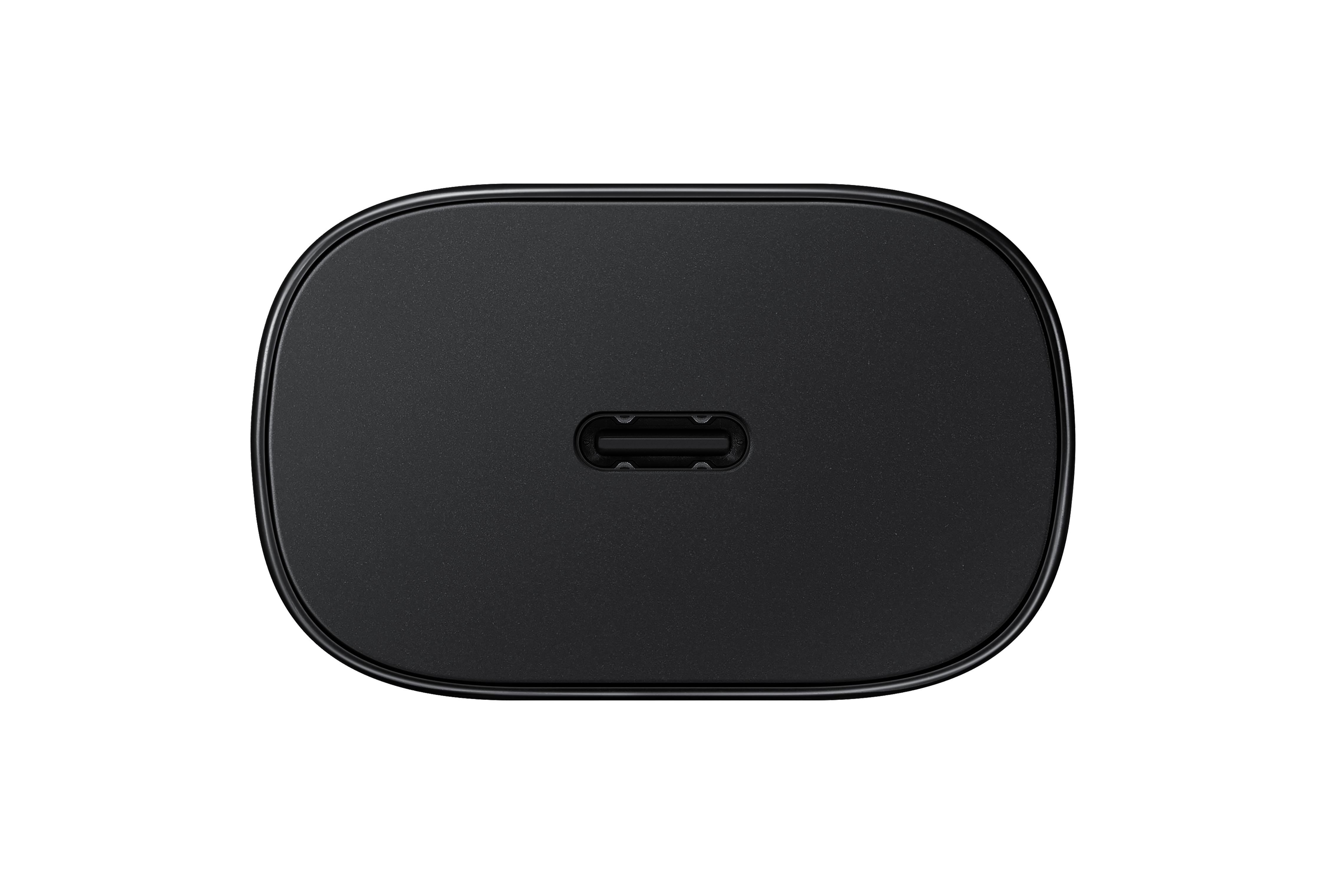 Schwarzes Netzteil, Draufsicht, mit USB-C-Anschluss.