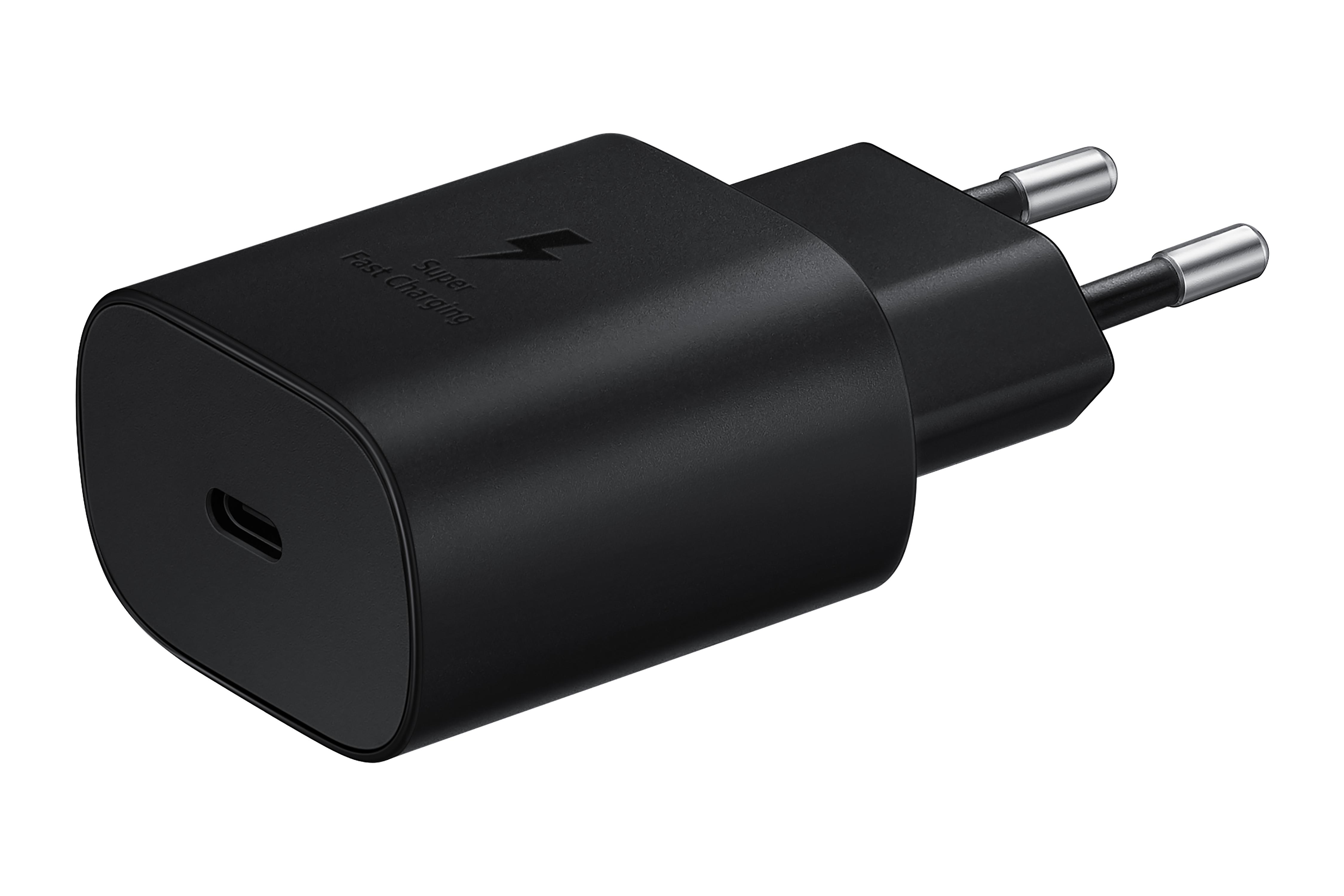 Schwarzes Netzteil mit Stiften, USB-C-Anschluss und Super Fast Charging Text.