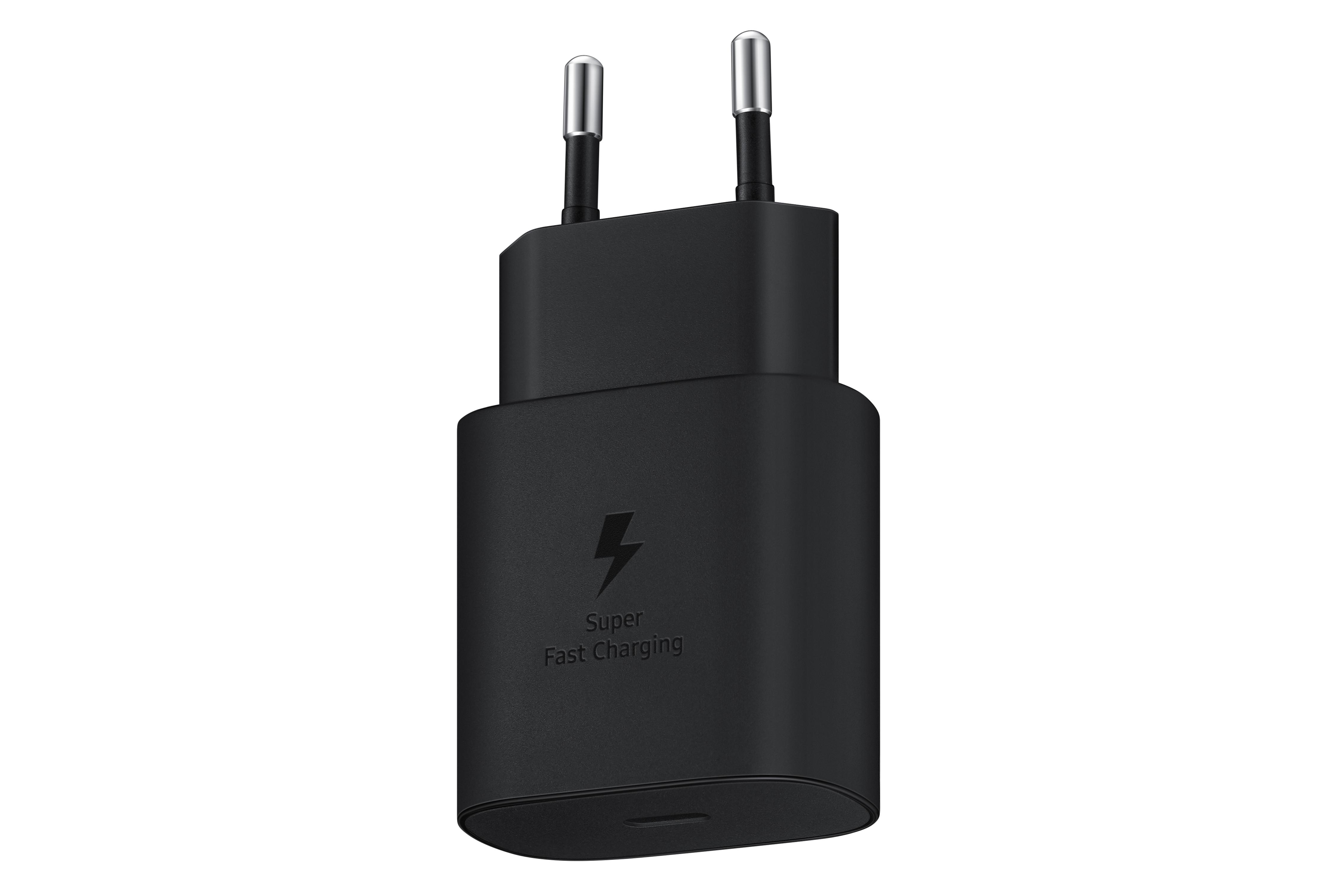 Schwarzes Netzteil mit Stiften und Super Fast Charging Text.