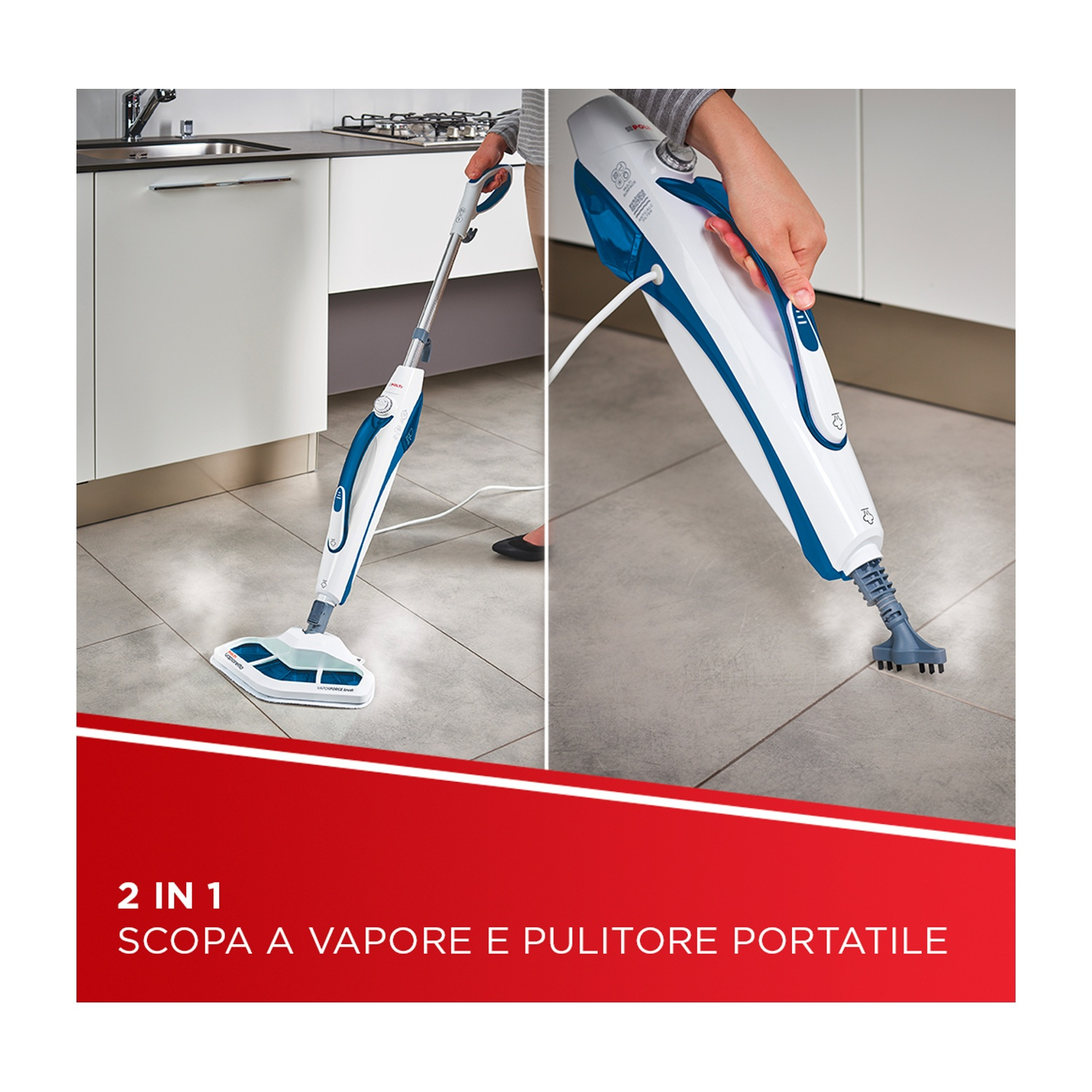 Pulitore a vapore in uso, pulizia pavimenti e uso manuale. Testo rosso.