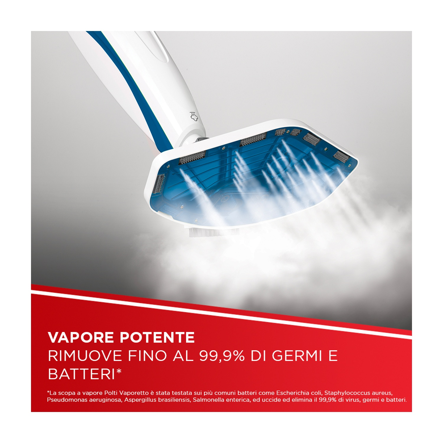 Primo piano della testa del pulitore a vapore con vapore in uscita. Blu e bianco. Barra rossa con testo italiano.