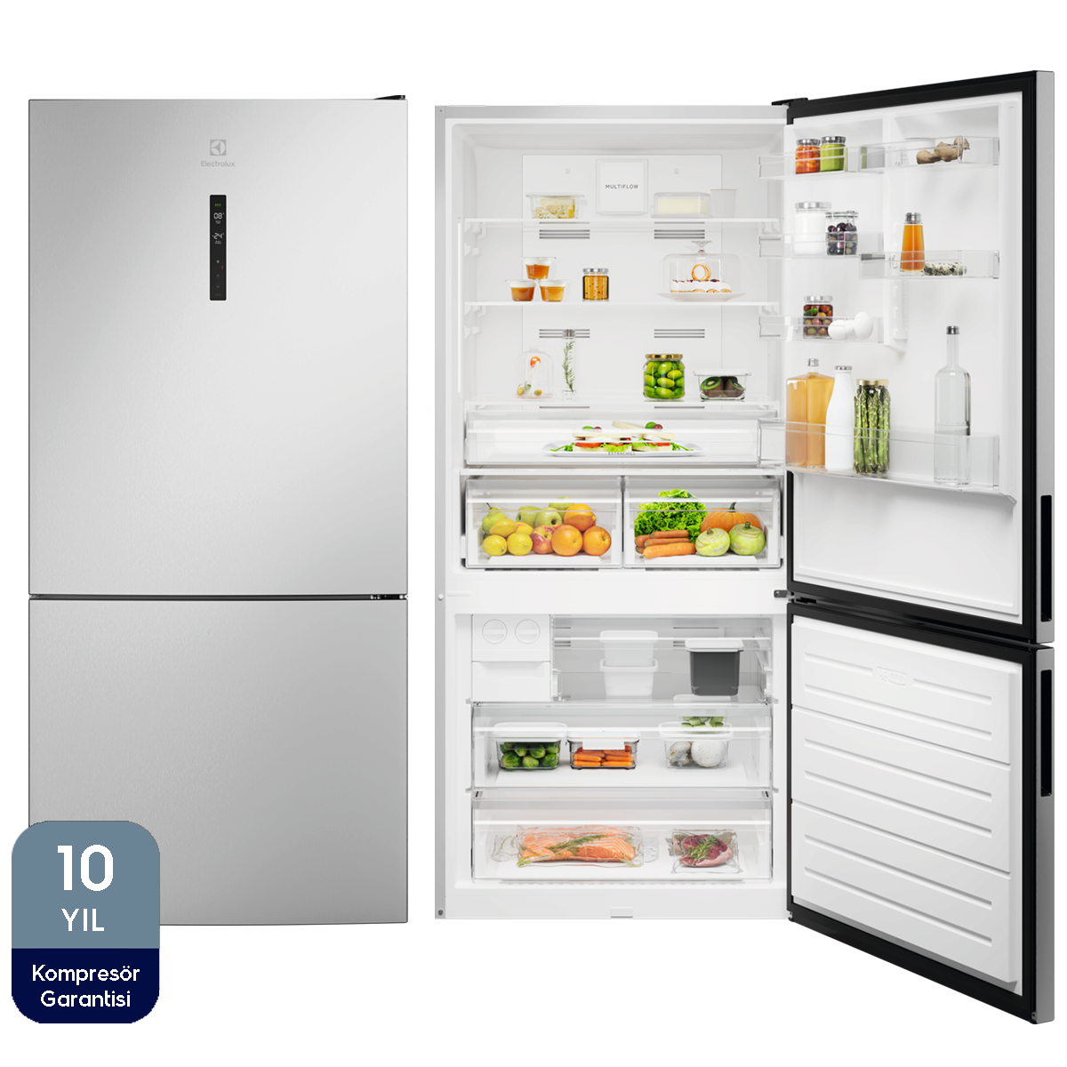 Beyaz Electrolux buzdolabı, kapalı, dijital ekran ve logo ile.